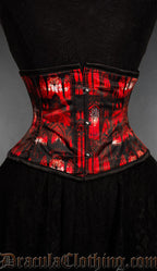 Red and black gothic cathedral waist cincher corset with stained glass artwork