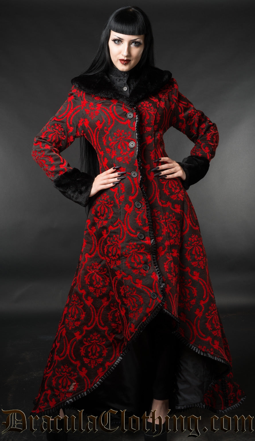 Women's red and black high low coat made with thick cotton jacquard and black faux fur accents