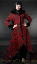 Women's red and black high low coat made with thick cotton jacquard and black faux fur accents