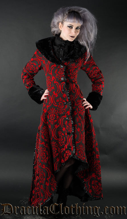 Model wearing black and red brocade high low winter coat for women