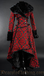 Red and black brocade wrap closure women's coat with frilled satin trim details and black faux fur accents