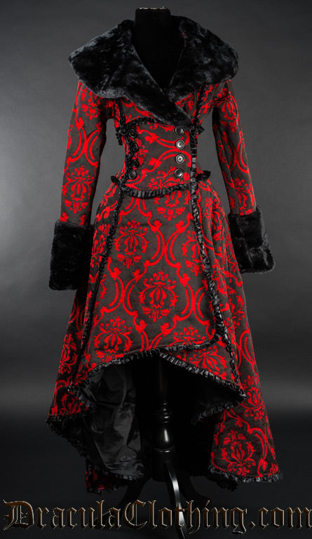 Red and black brocade wrap closure women's coat with frilled satin trim details and black faux fur accents