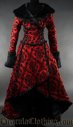 Women's red and black brocade coat in a damask pattern with faux fur collar and sleeve cuffs