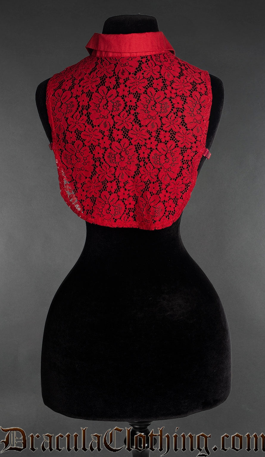 Back view of red lace bodice panel showing straps and back of collar