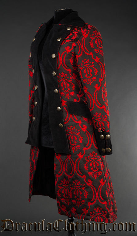 Side view of black and red thick brocade women's coat with velvet lapels and two rows of buttons