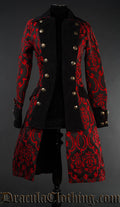 Women's red and black brocade coat made with thick cotton jacquard in an open double breasted design with decorative gold coloured buttons