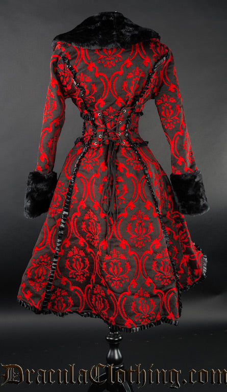 Back view of red and black women's winter coat showing more satin frills and adjustable corset style lacing