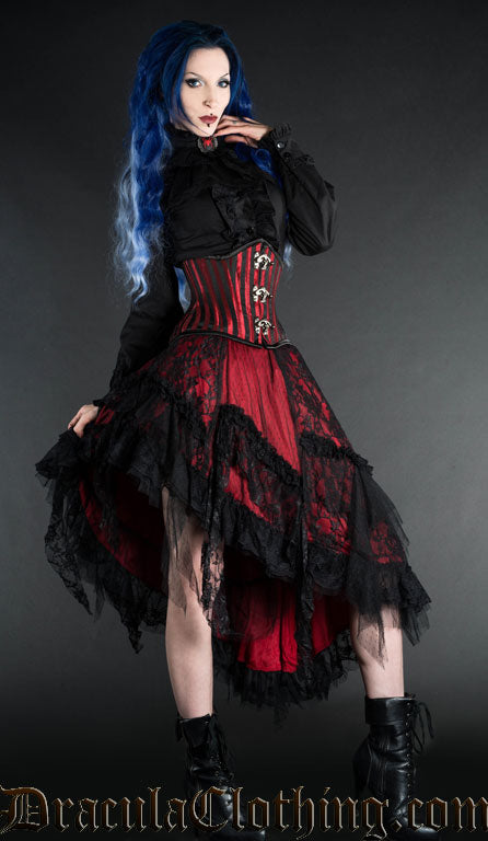 Model wearing women's red satin and black lace ruffle layered skirt
