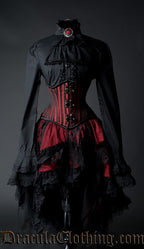 Women's red and black layered ruffle skirt shown with corset and long sleeved black blouse