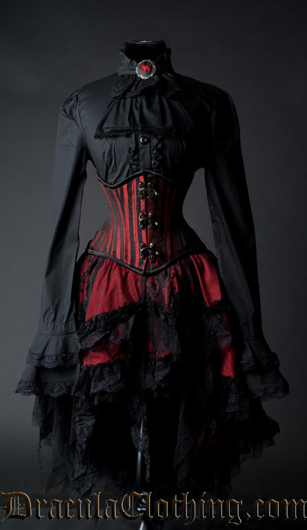Women's red and black layered ruffle skirt shown with corset and long sleeved black blouse