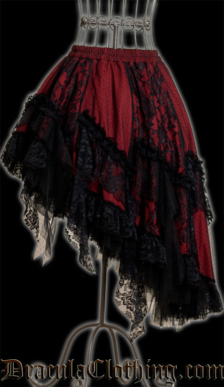 Women's high low skirt made with layers of red satin and black lace