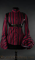 Women's red and black striped long sleeve blouse with removable pvc underbust harness