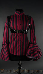 Women's red and black striped long sleeve blouse with removable pvc underbust harness