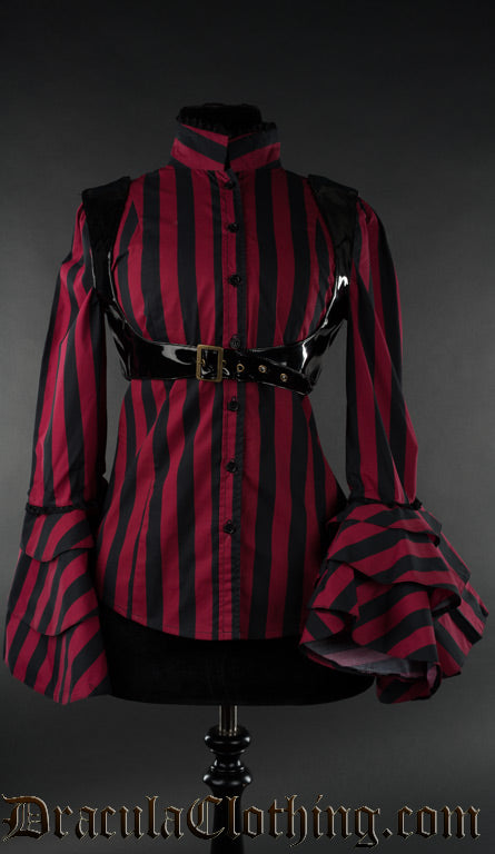Women's red and black striped long sleeve blouse with removable pvc underbust harness