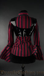 Back view of red striped blouse with black pvc removable harness