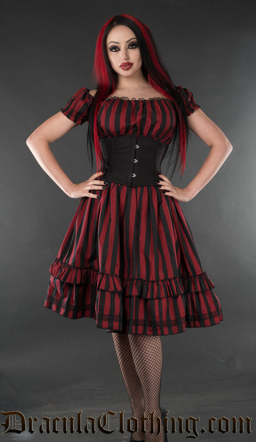 red stripe dress Red Striped Gothabilly Dress – DraculaClothing