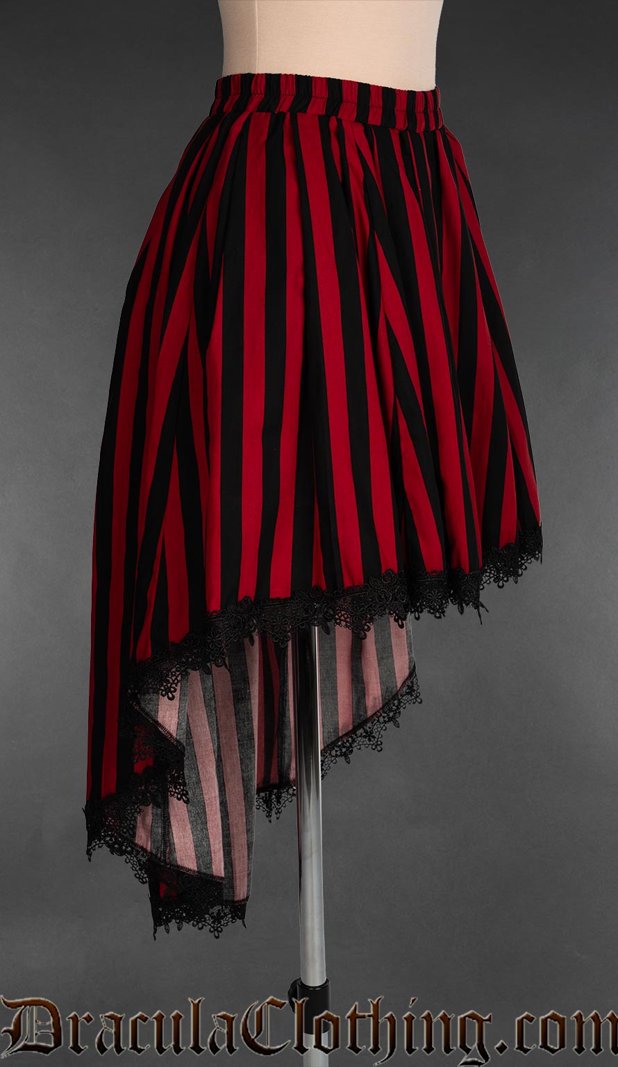 Side view of women's high low black and red striped skirt with black lace trim