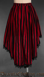 Back view of women's high low skirt made with red and black striped cotton and black lace trim with an elasticated waist