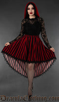 Women's red and black striped high low skirt with black lace trim hem worn by a model 