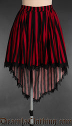 Red and black vertical striped women's high low skirt with black lace trim and elasticated waist