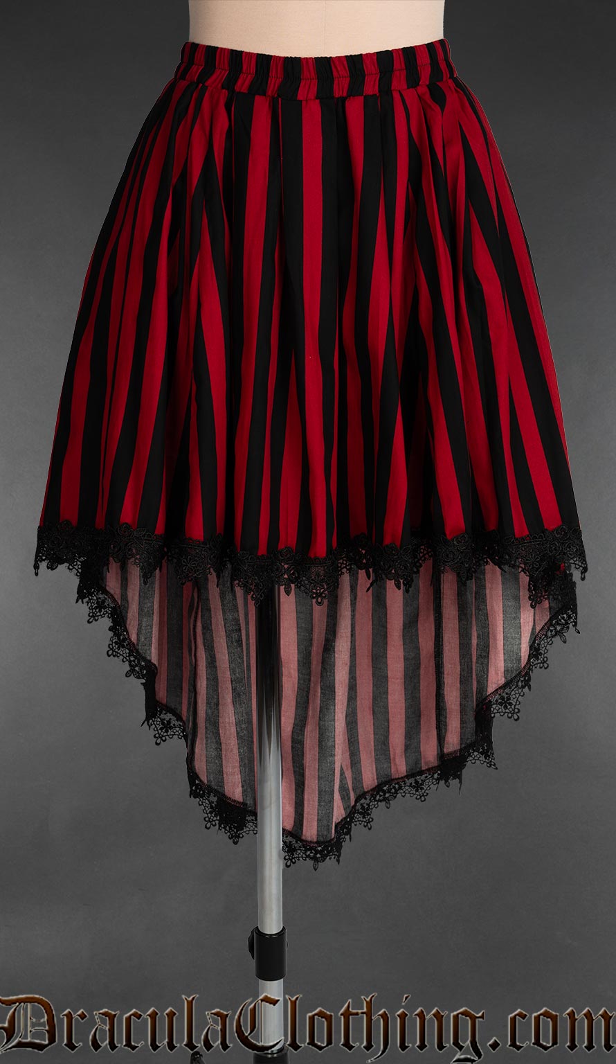 Red and black vertical striped women's high low skirt with black lace trim and elasticated waist