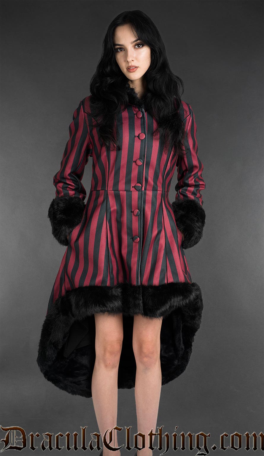Red Striped High Low Winter Coat