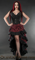 Women's bustle skirt in red and black vertical stripes with black cotton hem accents and shown with the front raised above the knee