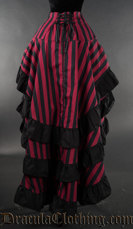 Back view of women's black and red striped bustle skirt showing three layers with black hem and adjustable corset style lacing in the waist