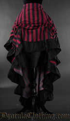 Red and black women's striped layer bustle skirt with black cotton accents on the hem of each layer displayed raised in the front with two ribbons