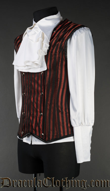 Side view of men's black and red v-shaper worn with white cravat and shirt