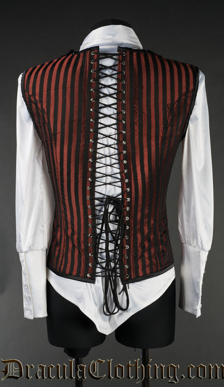 Back view of men's red and black striped v-shaper showing adjustable lacing