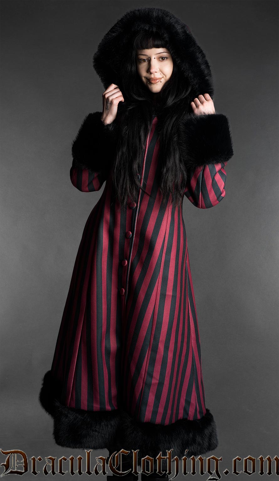 Red Striped Winter Coat With Hood