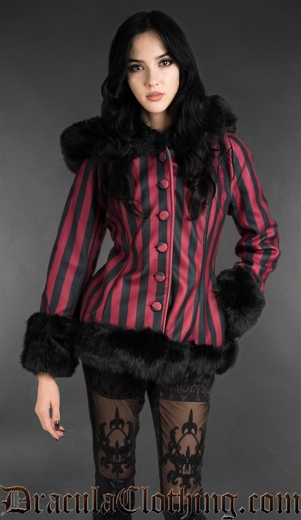 Red Striped Winter Jacket With Hood