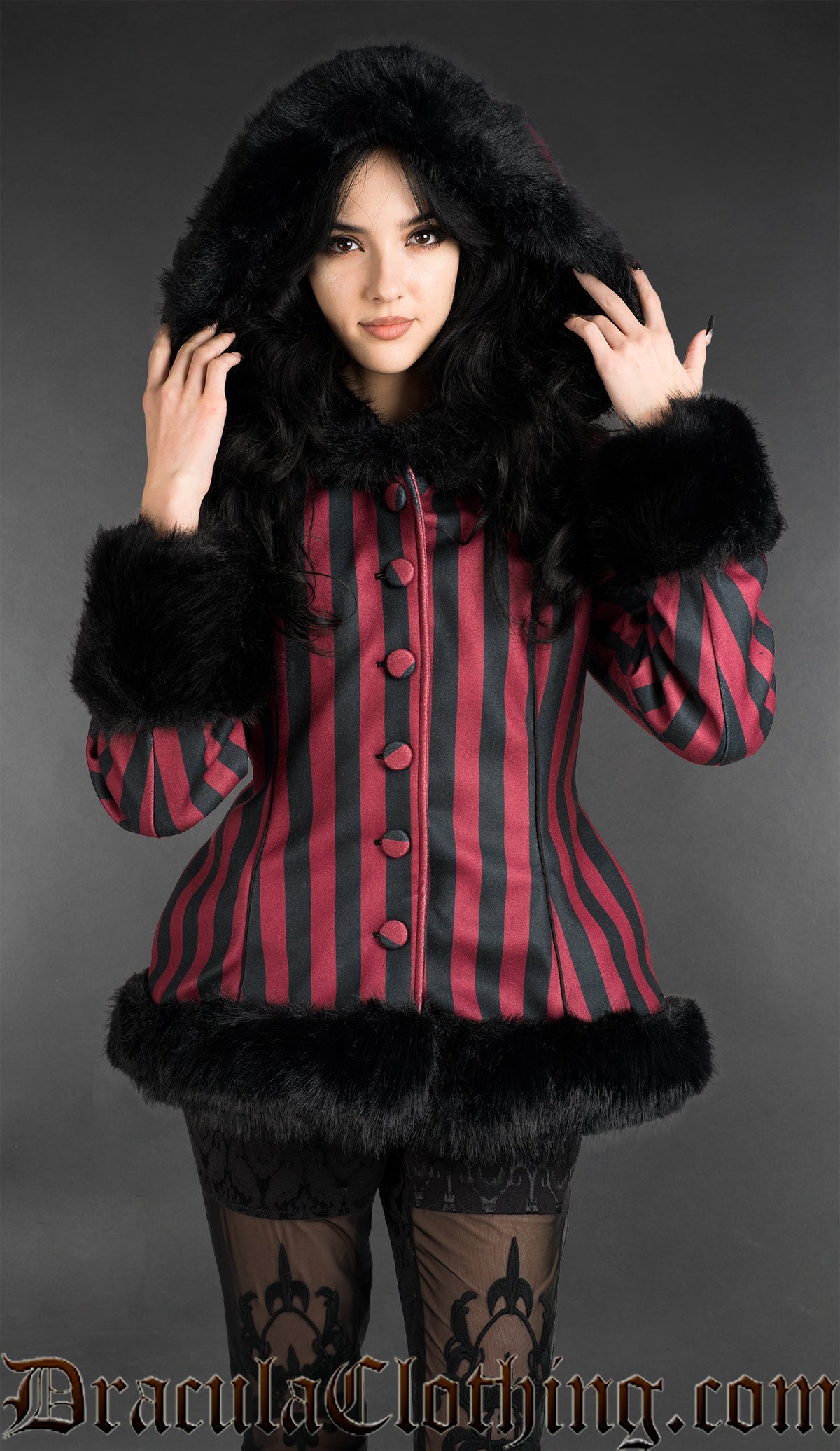 Red Striped Winter Jacket With Hood