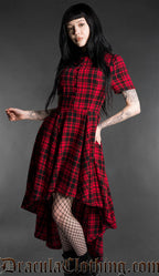 Red tartan high-low dress with asymmetrical hem, angled front view