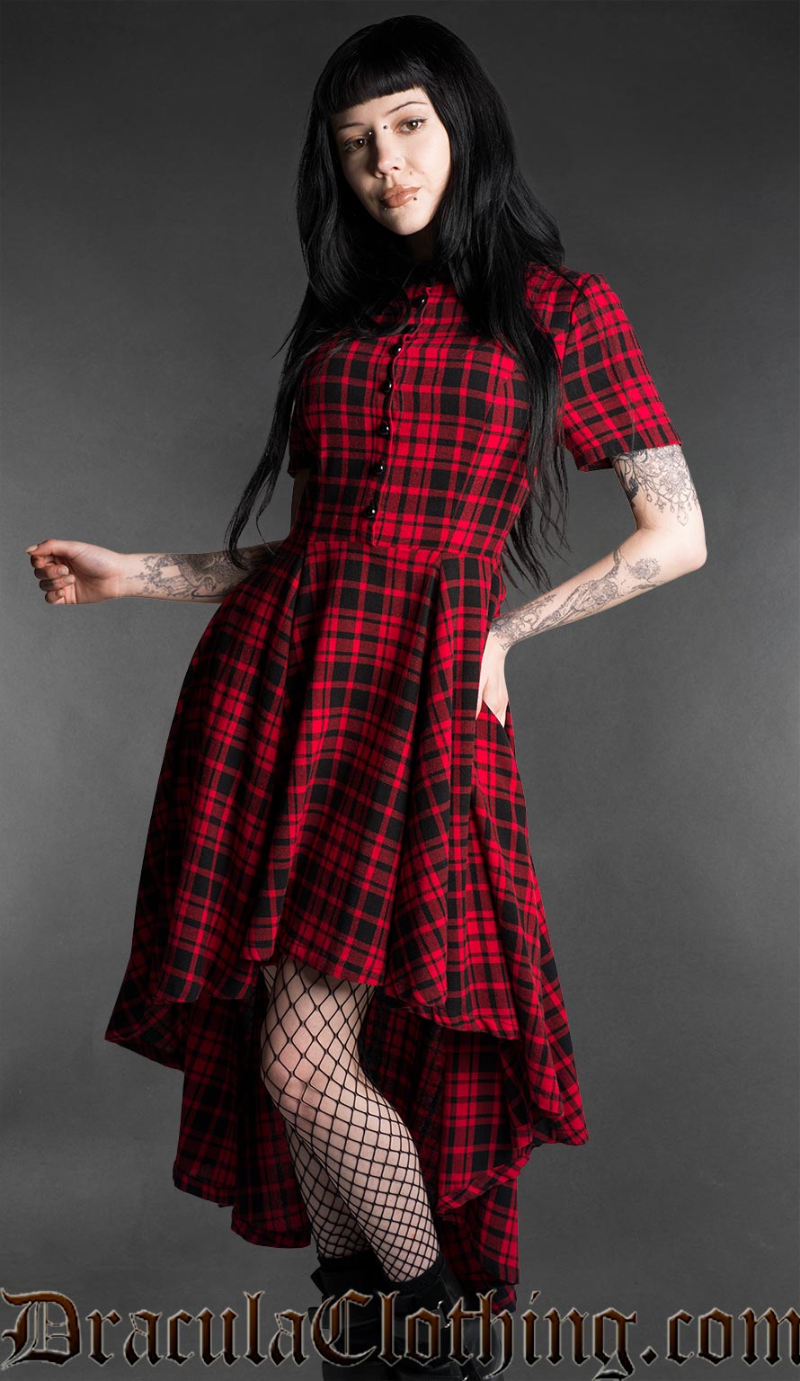 Red tartan high-low dress with asymmetrical hem, angled front view