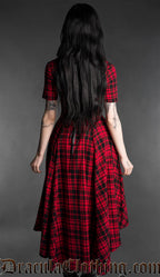 Red tartan high-low dress with asymmetrical hem, back view