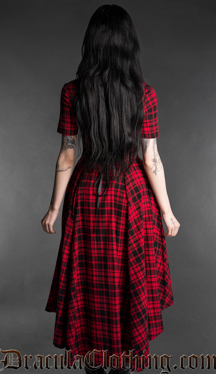 Red tartan high-low dress with asymmetrical hem, back view