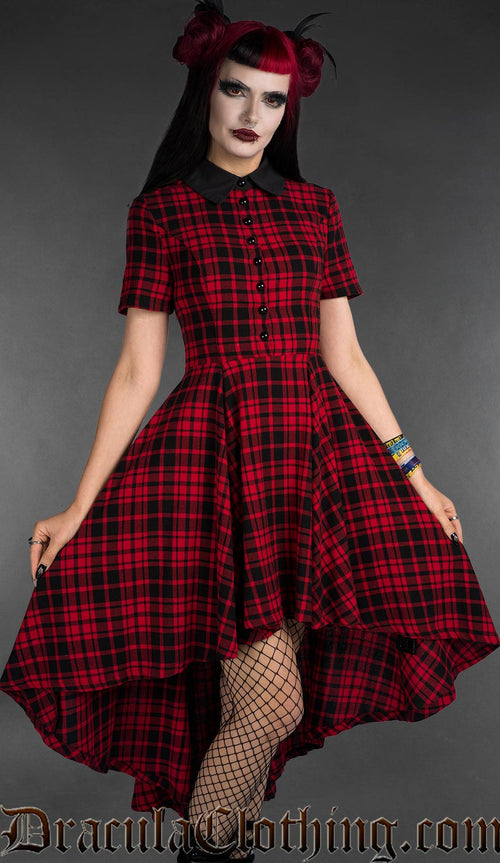 Red tartan high-low dress with button front and short sleeves, front view