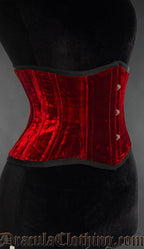 Side view of women's double boned waist cincher made with red velvet