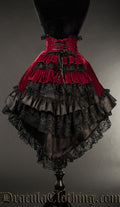 women's red velvet and black satin high low layered skirt with black lace trim details and frills