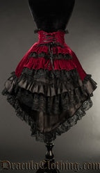 women's red velvet and black satin high low layered skirt with black lace trim details and frills