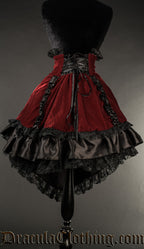red and black velvet and satin high low women's skirt with frills and lace details