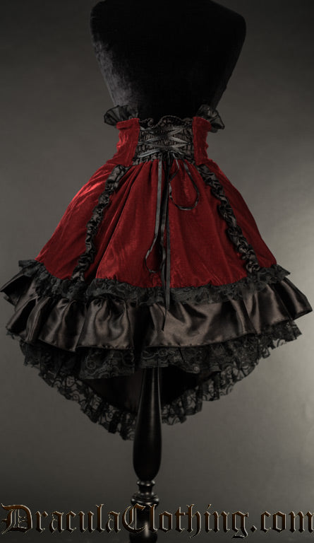 red and black velvet and satin high low women's skirt with frills and lace details
