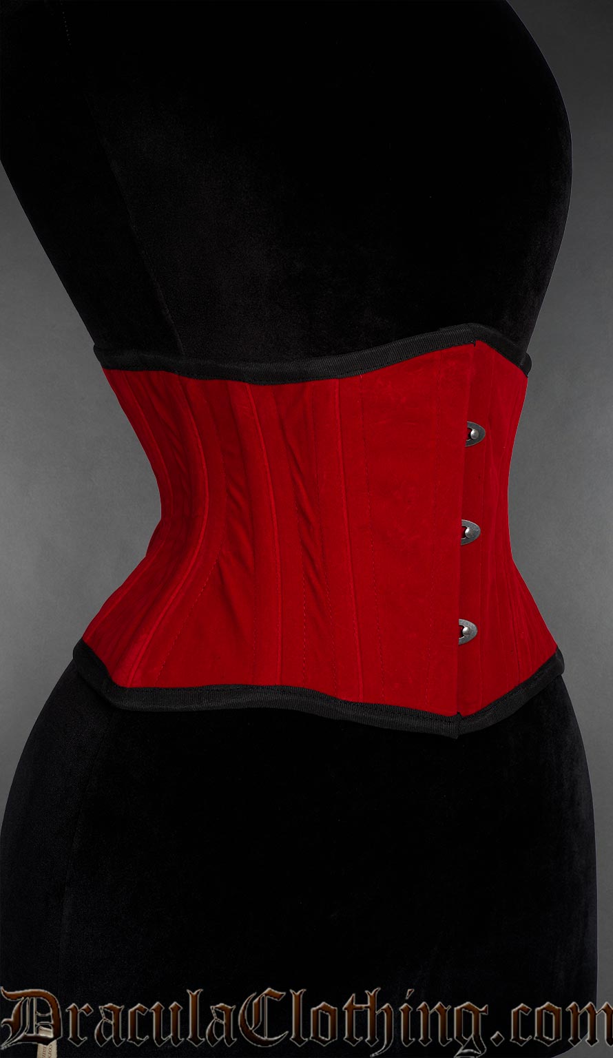 Red velvet underbust corset waist cincher side view, showing waist reduction and hourglass silhouette