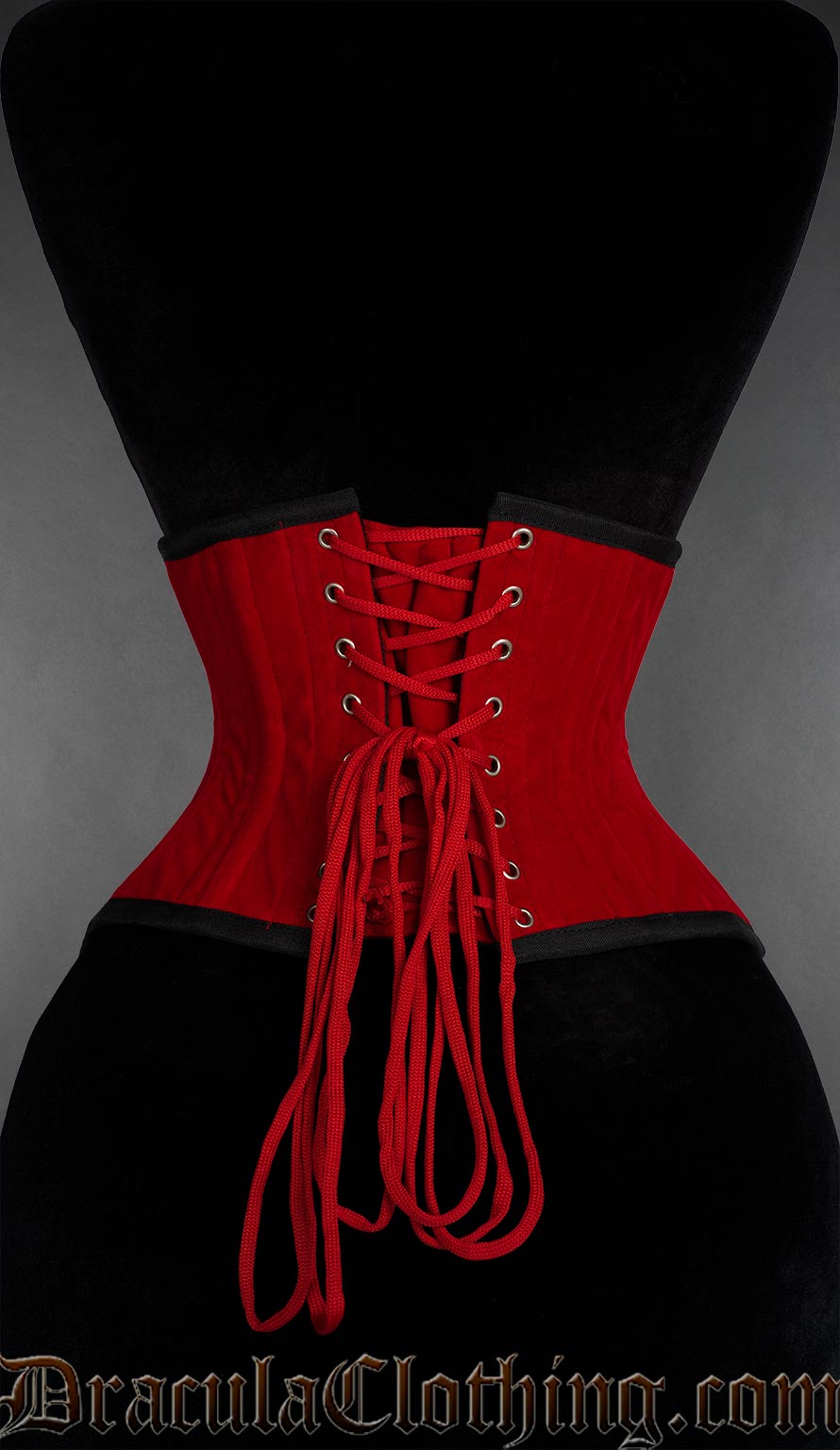 Red velvet underbust corset waist cincher with lace-up back, adjustable lacing