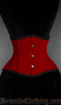 Red velvet underbust corset waist cincher with steel busk closure, gothic shapewear front view