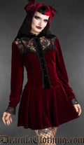 Burgundy red velvet gothic blouse with black lace yoke and trim, front view on model