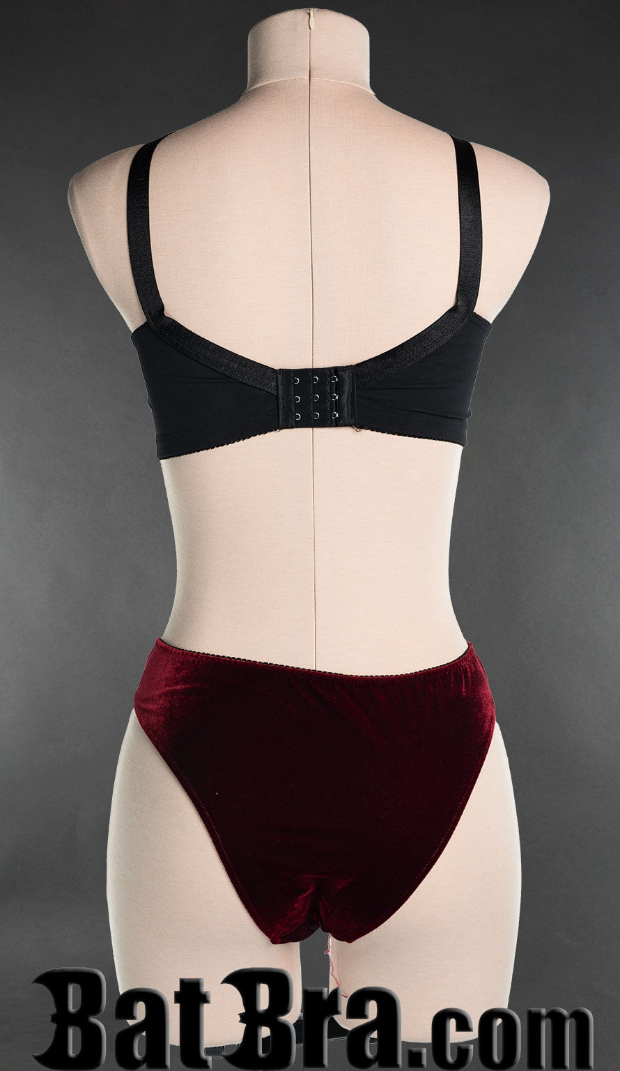 Back view of red velvet bra showing black straps and band and standard bra hook closure