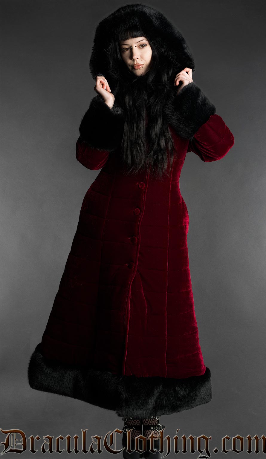 Bordeaux Velvet Puffer Winter Coat With Hood
